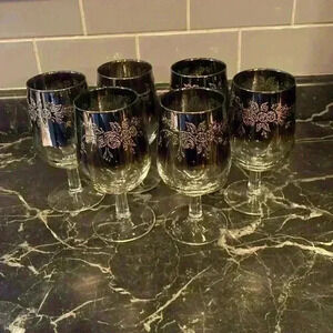 6 Vintage Silver Fade Wine Glasses Ombre WineGlasses, Leaf design made in France